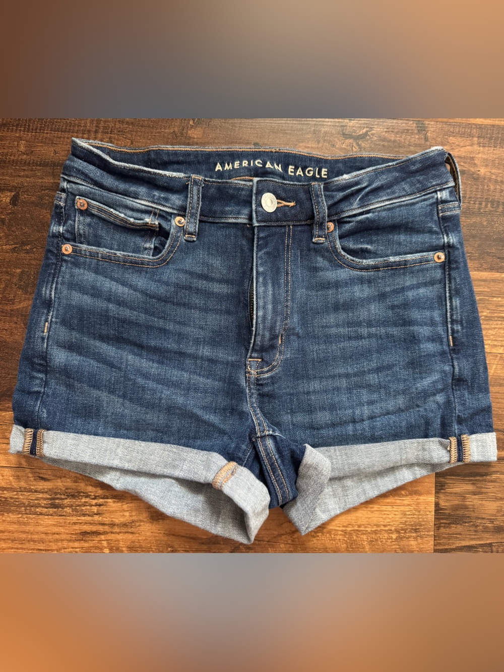 American Eagle Outfitters High Waist Dark Blue Cuffed Denim Shorts